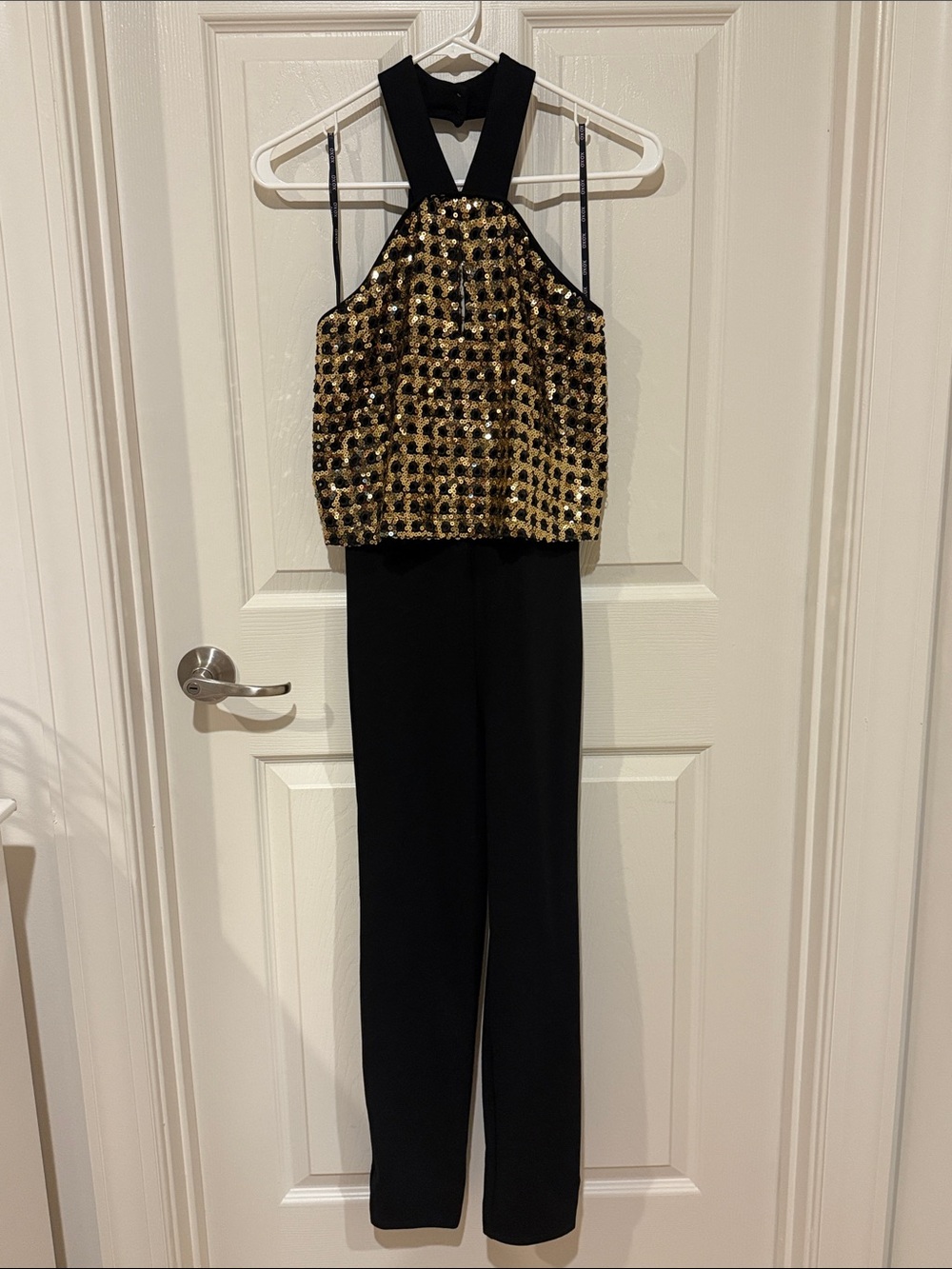 XOXO Black Jumpsuit with Gold Sequin Halter Bodice